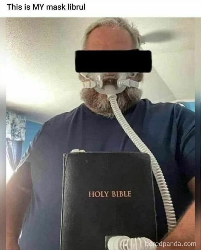 A man wearing a CPAP mask connected to a Bible, shared as unhinged content on social media.