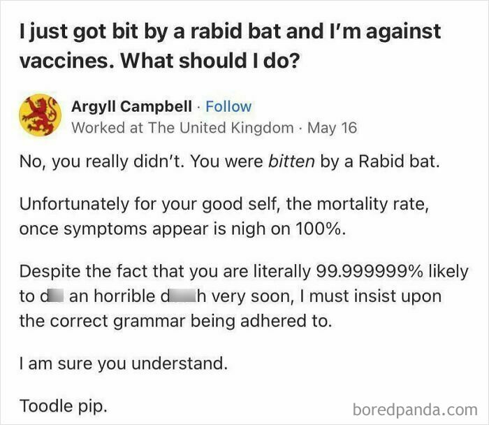 A cringe-worthy Quora post discussing a person bitten by a rabid bat and their anti-vaccine stance.