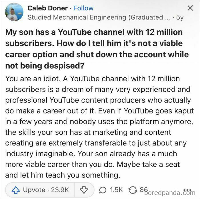 A Quora post from a father asking how to tell his son to shut down his 12 million subscriber YouTube channel.