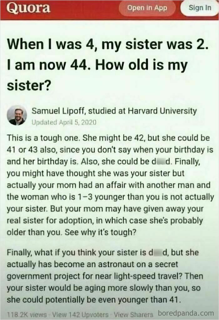 An unfortunate Quora post showing a complex and humorous answer to a simple age riddle.