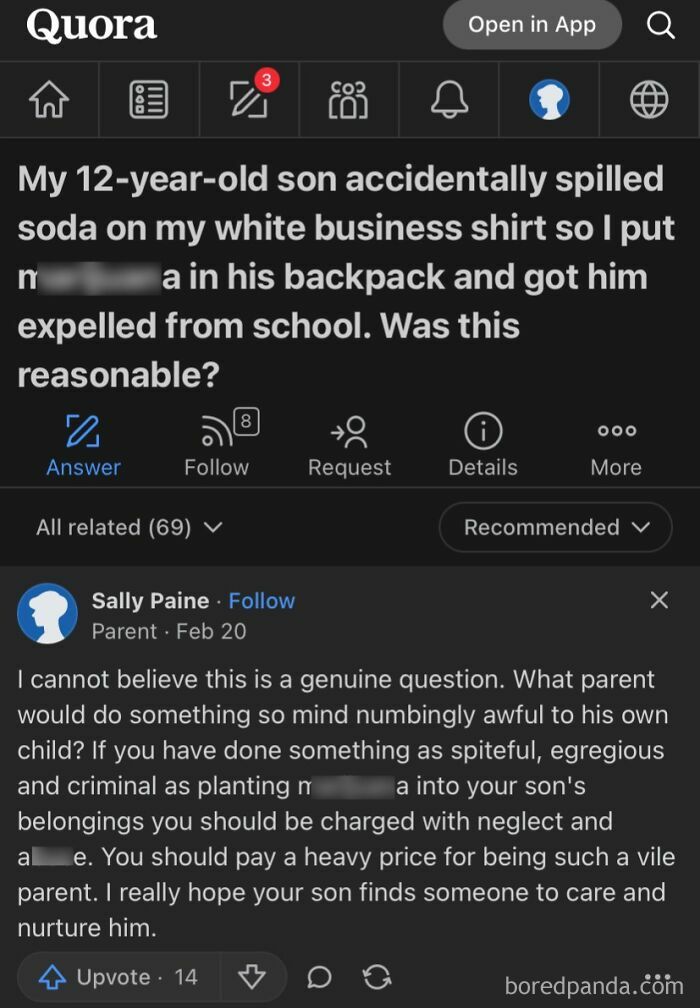 A Quora post about a 12-year-old expelled for having an illegal substance in his backpack after spilling soda.
