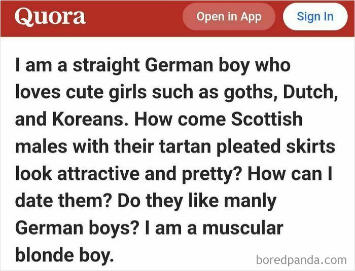 An unfortunate Quora post from a German boy asking about dating Scottish males, making for weird Quora posts.