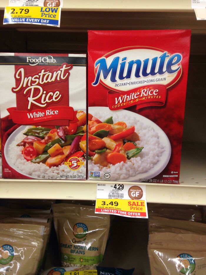 Grocery store shelf with two boxes of white rice, one Food Club, one Minute Rice, perfectly synced in design.