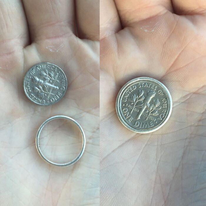 A small silver ring perfectly synced with a dime, creating amazing times.