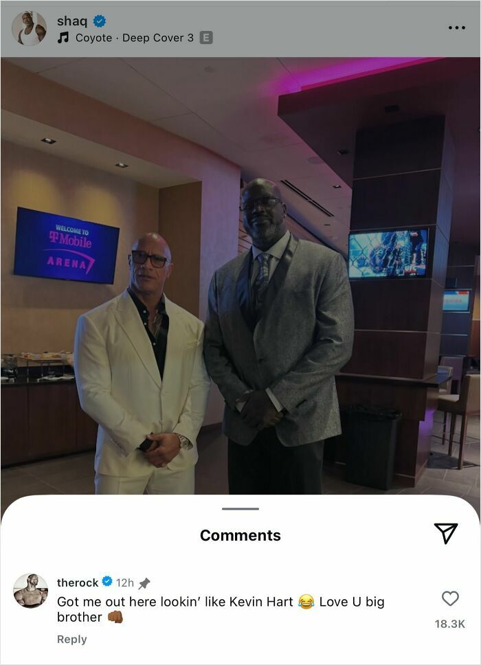 Shaquille ONeal and The Rock, two celebrities, pose together at T-Mobile Arena, instantly making the post better.