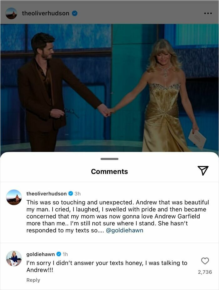Goldie Hawn and Andrew Garfield holding hands at an event, with comments from celebrities like Goldie Hawn responding to Oliver Hudson.