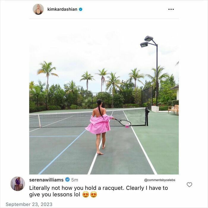 Kim Kardashian on a tennis court, with Serena Williams commenting, showcasing celebrities making posts better.