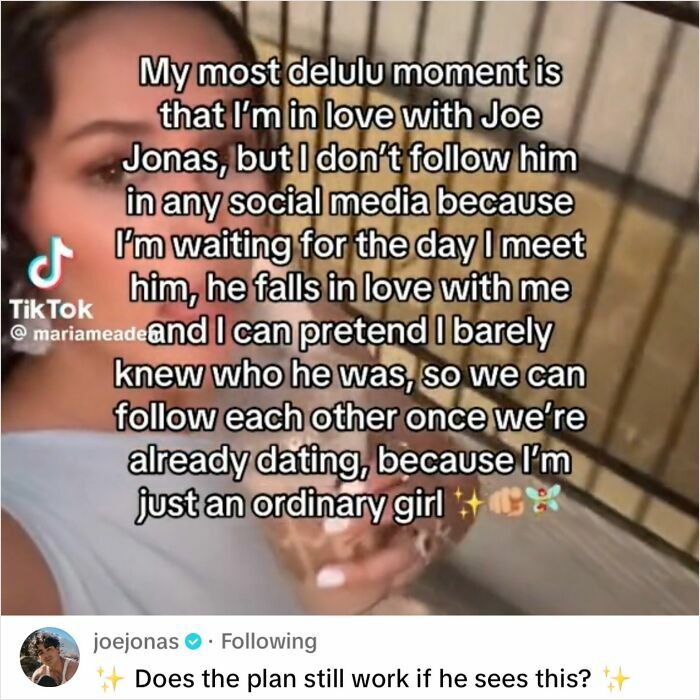 A TikTok video about a fan's delulu moment about Joe Jonas, with Joe Jonas's comment.