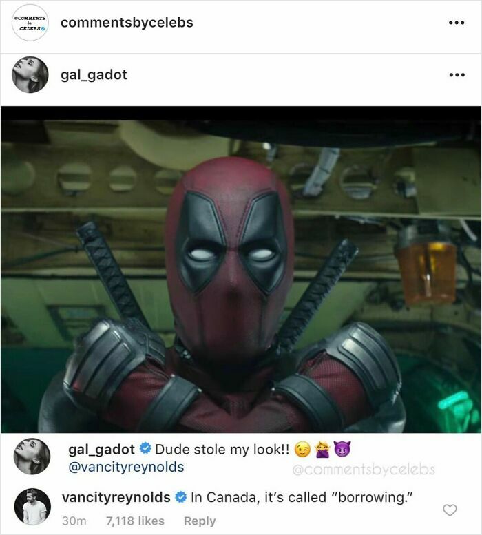 Deadpool standing with crossed swords on his back, with Gal Gadot and Ryan Reynolds celebrity comments.