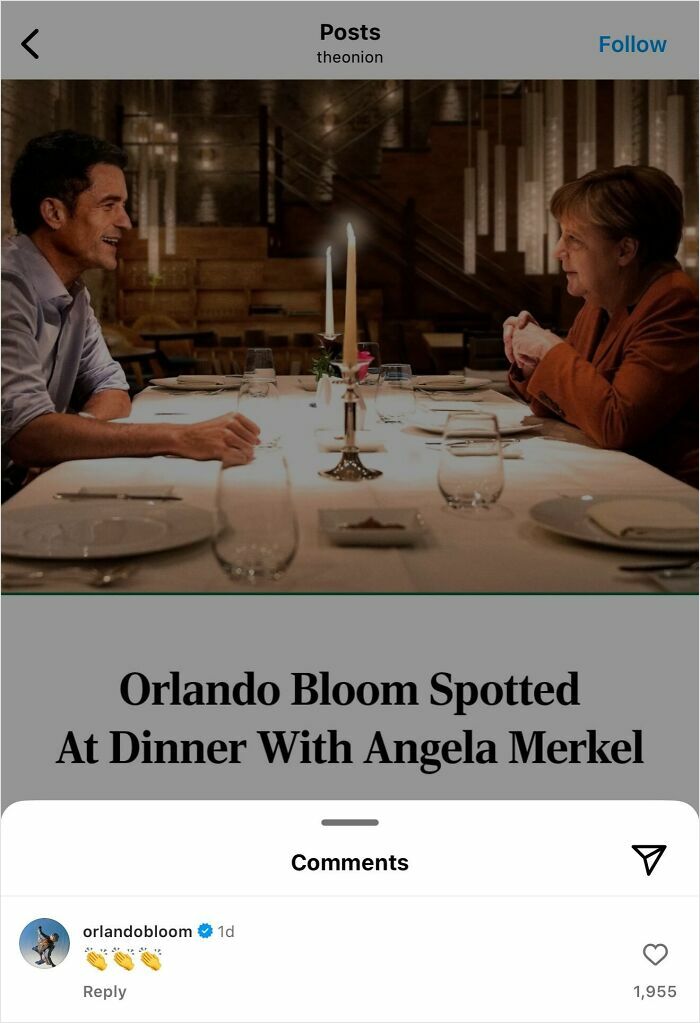 Orlando Bloom and Angela Merkel dining, demonstrating how celebrities commenting made the post 10x better.