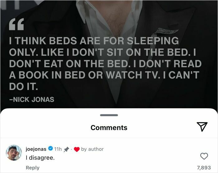Nick Jonas quote about beds with Joe Jonas comment, showing how celebrities in comments make posts better.