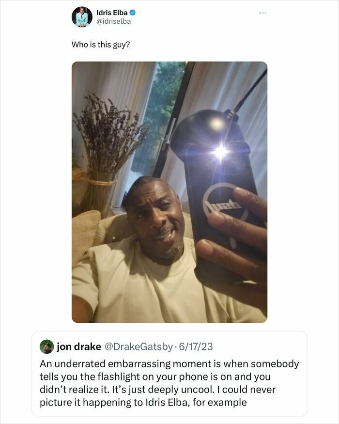 Idris Elba holds a flashlight, a celebrity moment improved by funny comments.