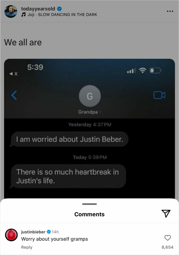A text conversation about Justin Bieber with a celebrity comment from Justin Bieber himself.