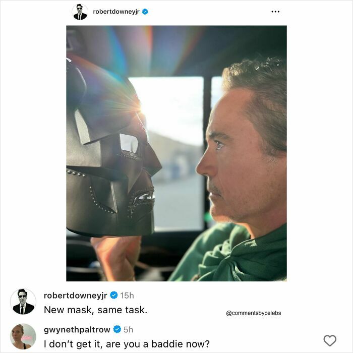 Robert Downey Jr. in profile next to an Iron Man mask. A celebrity comment instantly makes the post better.