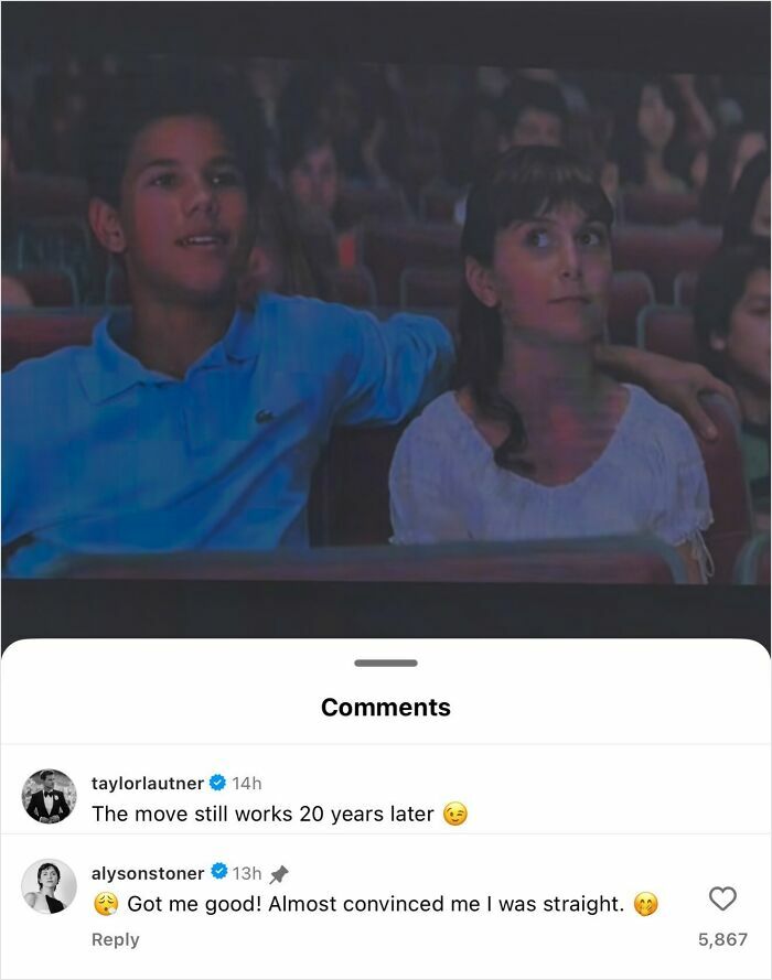 Taylor Lautner and a woman in a cinema, showcasing how celebrities entering comments instantly made the post better.