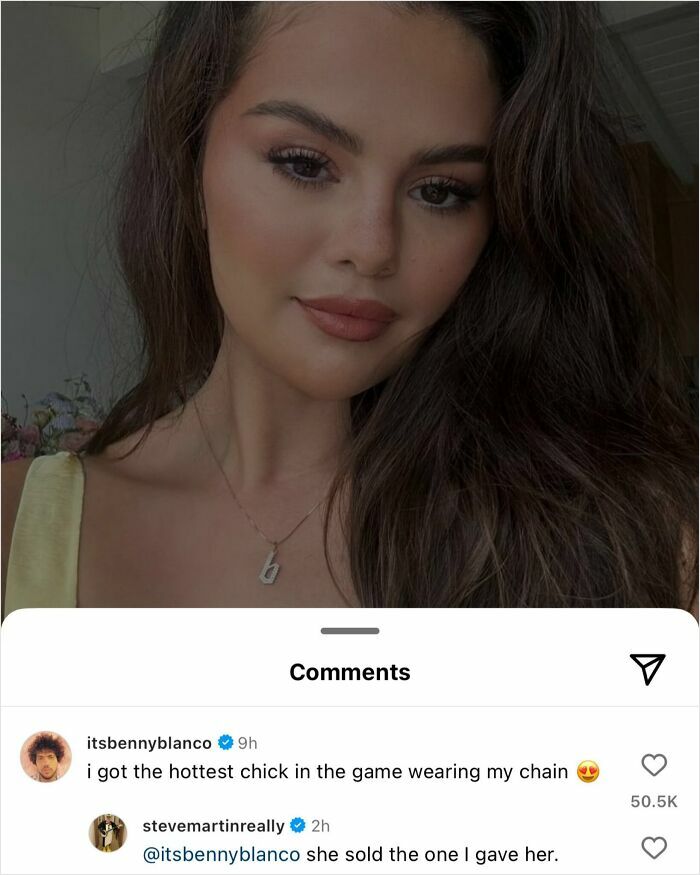 Steve Martin and Benny Blanco's comments on a selfie of Selena Gomez, illustrating celebrity comments.