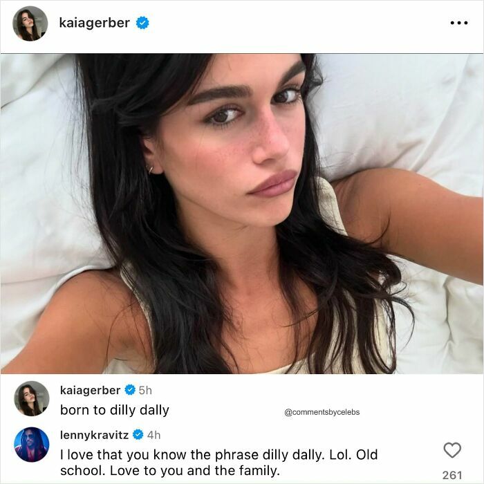 Kaia Gerber in bed, with a comment from Lenny Kravitz, exemplifying celebrities making posts better.