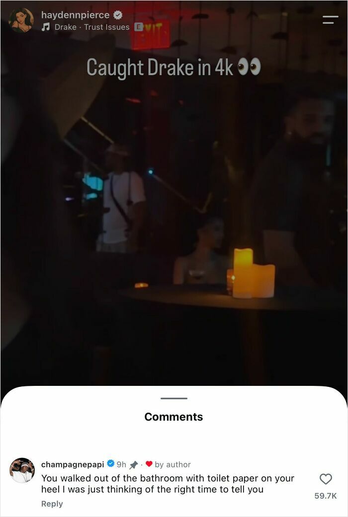 A screenshot showing Drake caught in 4K, highlighting celebrities making posts better with their comments.