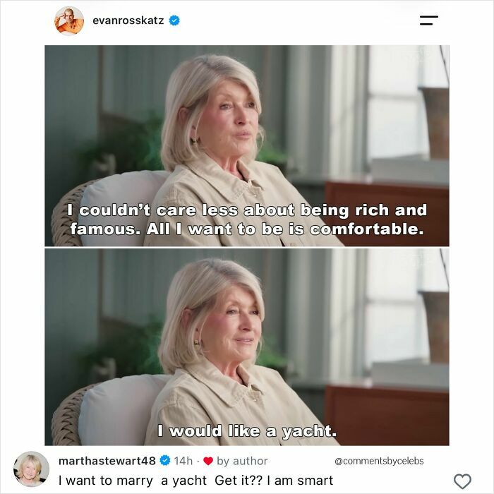 Martha Stewart in two panels saying she wants to marry a yacht, with her comment below. Celebrities in the comments.
