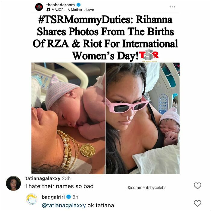 Rihanna with her babies RZA and Riot, sharing photos for International Women's Day, with comments from celebrities.