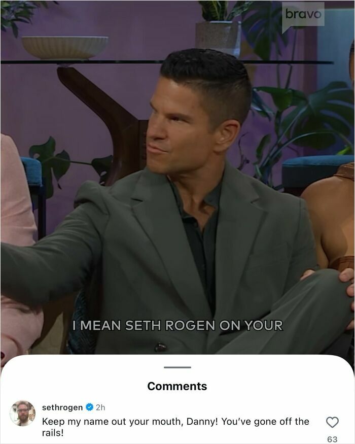 A man in a dark green suit on a talk show, with Seth Rogen's comment below. Celebrities making posts better.