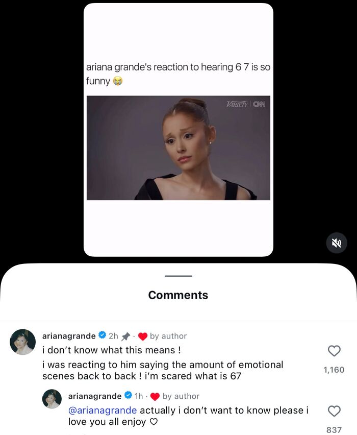 Ariana Grande's funny comment and reaction to a video clip, improving the celebrity post.