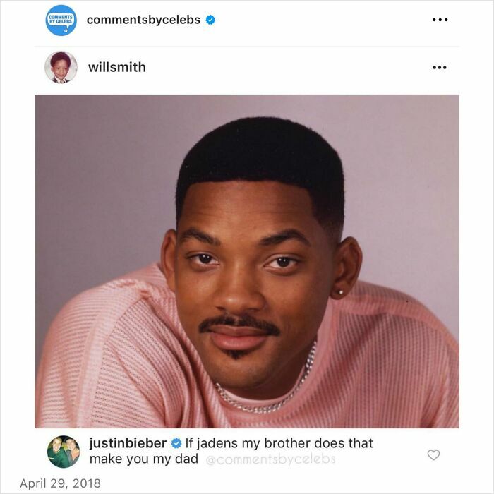 Will Smith in a pink shirt with Justin Bieber's comment, showcasing celebrities in comments.