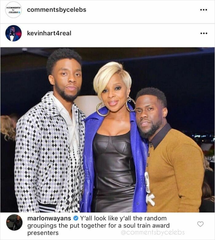 Chadwick Boseman, Mary J. Blige, and Kevin Hart posing together, with a funny celebrity comment about award show pairings.