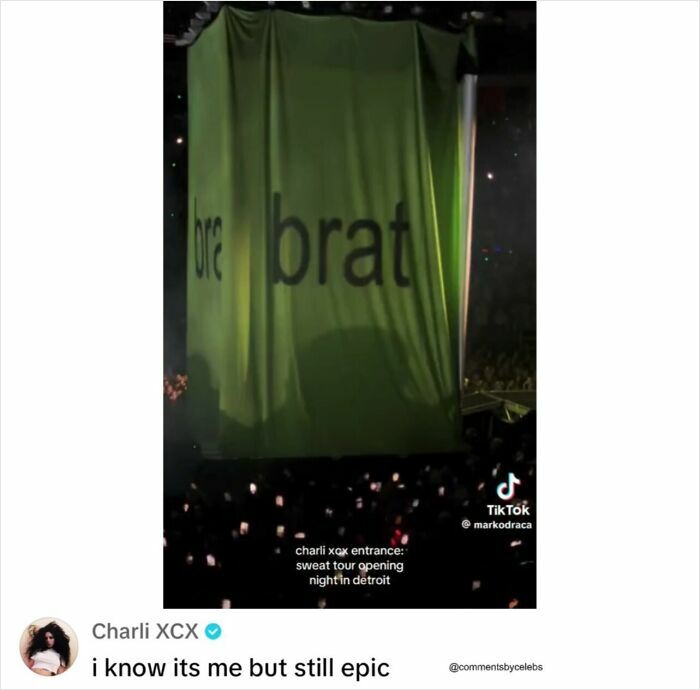 A large green banner at a concert with Charli XCX comment, showing celebrities making posts better.