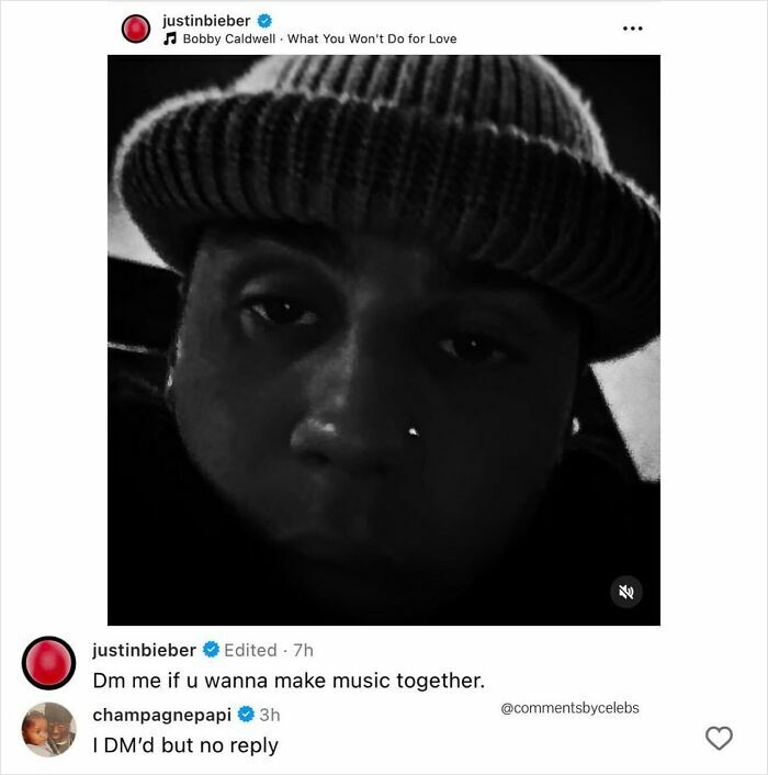 A black and white image of Justin Bieber in a beanie, with Drake's comment below. Celebrities making posts better.