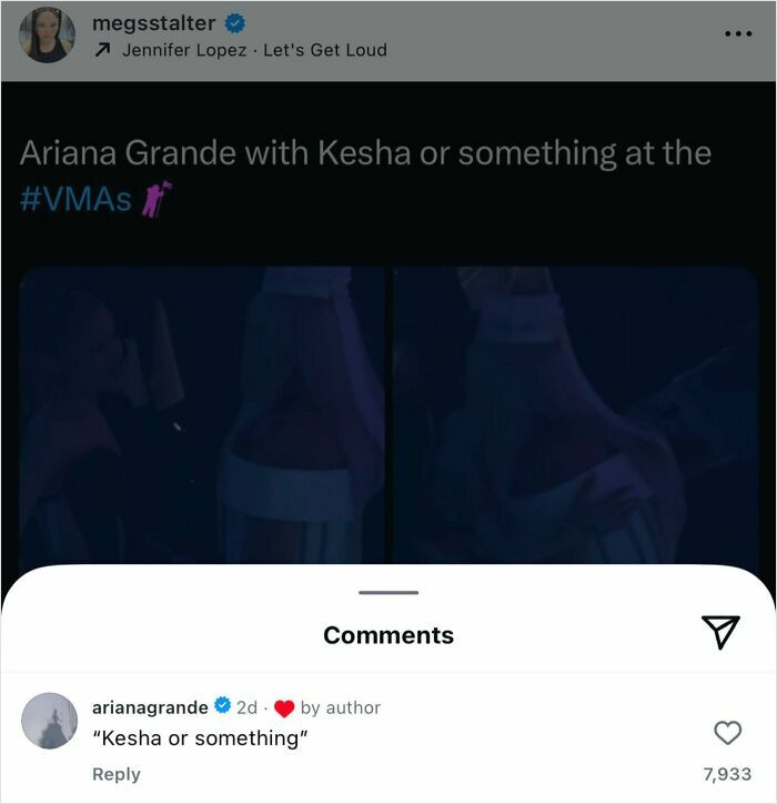 Ariana Grande's reaction to being mistaken for Kesha at the VMAs, highlighting celebrities making posts better.