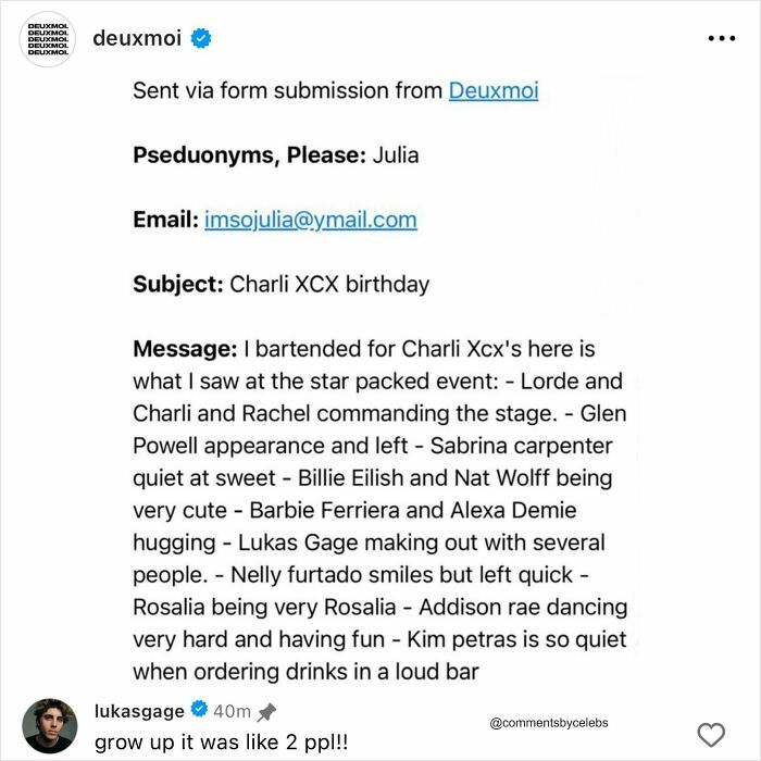 A Deuxmoi email about Charli XCX's birthday party with celebrity sightings, instantly made better by a celebrity comment.