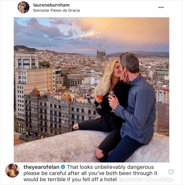 Laurene Burnham and her partner enjoying a sunset view from a building rooftop, with a celebrity comment about hotel safety.