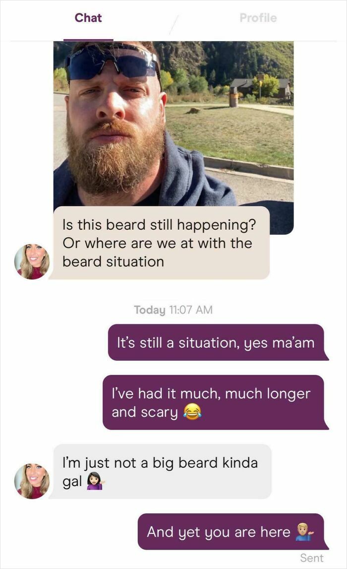 A screenshot of a dating app conversation about a beard, showing delusional behavior from a nice girl.