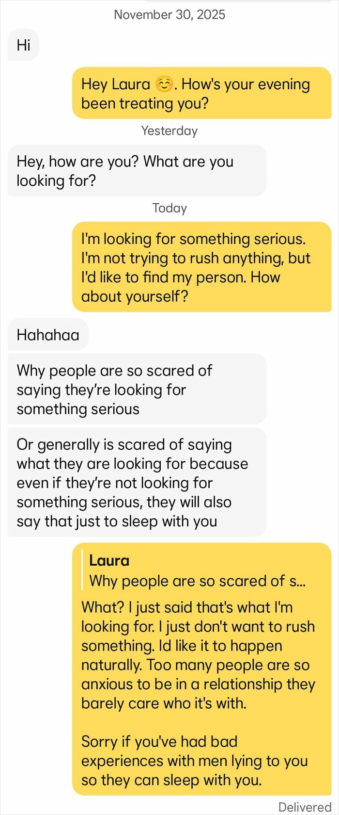 A screenshot of a dating app conversation about looking for something serious, with a person expressing delusional behavior.
