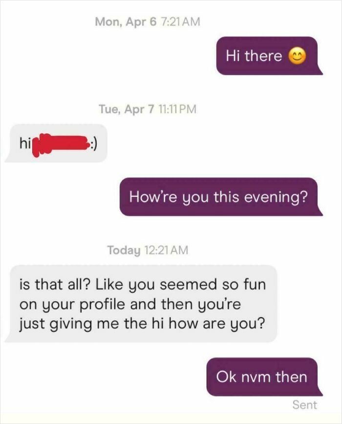 A text message from a nice girl getting a reality check online for her delusional behavior after an uninteresting conversation.