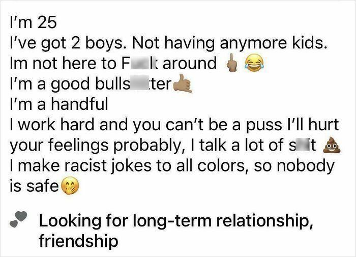 A dating profile of a Nice Girl detailing her horrible behavior, including making racist jokes and being a handful.