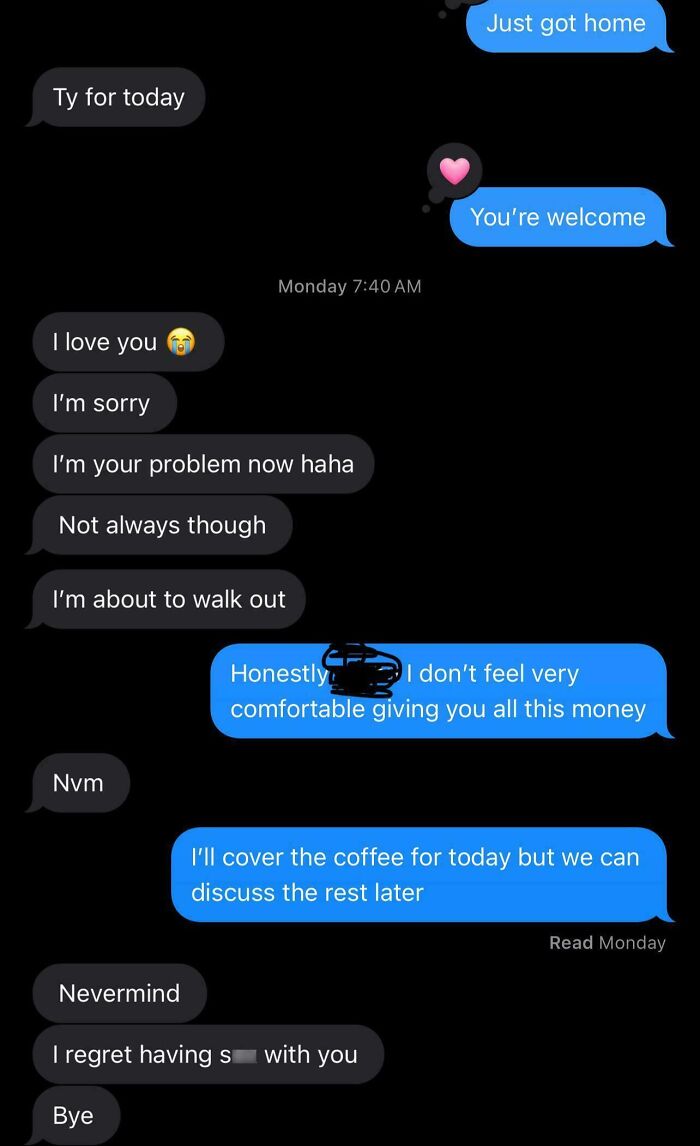 A screenshot of a text conversation showing a Nice Girl's horrible behavior after receiving a reality check about money.