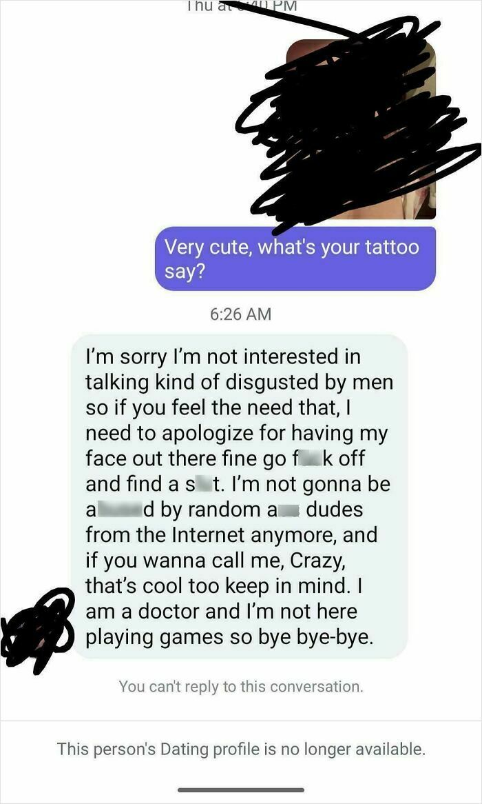A screenshot of a dating app conversation where a woman expresses disgust towards men, showcasing horrible behavior.