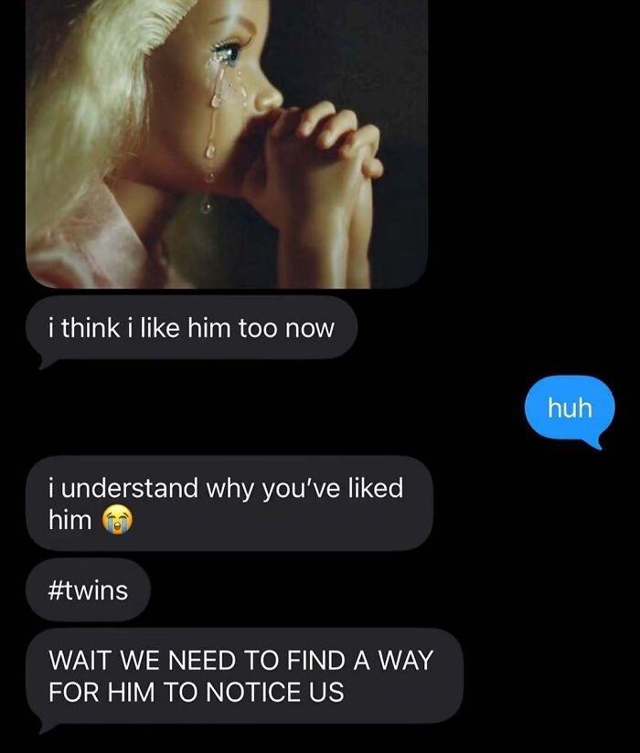 A screenshot showing a doll crying with text messages about two people liking the same person, capturing the internet at its strangest.