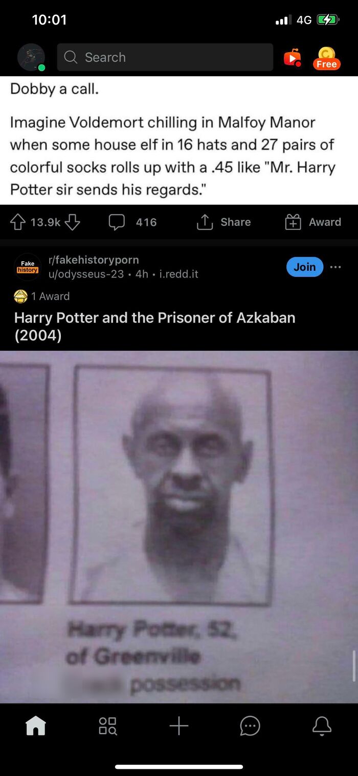 A Reddit post about Harry Potter with an image of a mugshot that amazingly synced just right with the character description.