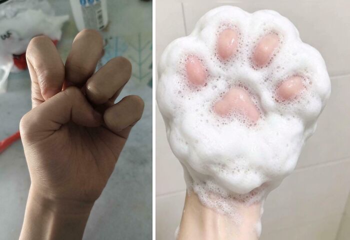 A hand contorted into an unusual shape next to a bubbly soap paw print; unhinged images for people to go Hmmm.
