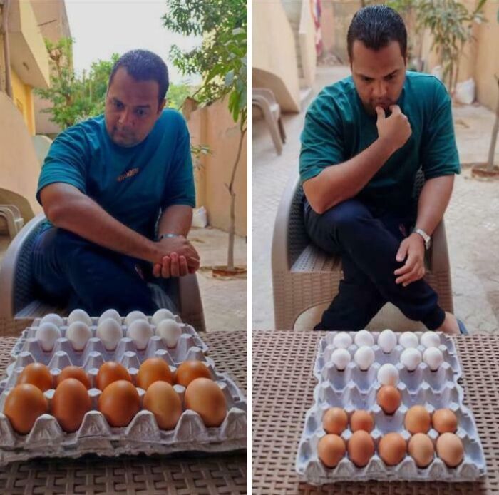 A man looks at a tray of eggs, then at a tray with fewer eggs, a series of unhinged images.