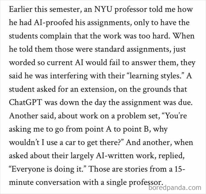 Text detailing how an NYU professor's AI-proofed assignments led to students complaining about the American Dream in education.