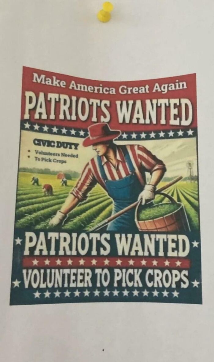 A poster with a vintage style, calling for 'Patriots Wanted' to volunteer and pick crops, reflecting a dystopian view of labor.