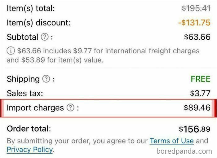 A screenshot of an online order total, showing significant import charges, representing a financial dystopian nightmare.