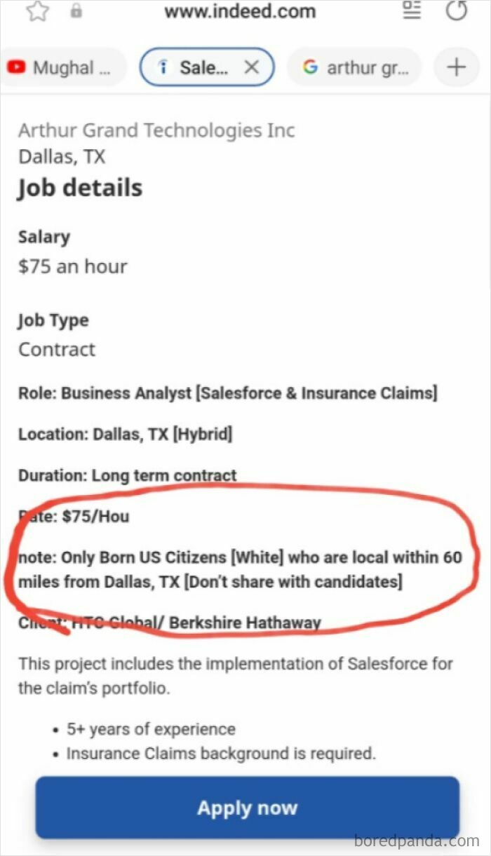 A job posting on Indeed with discriminatory requirements, highlighting a dystopian nightmare in employment practices, specifying race and origin.