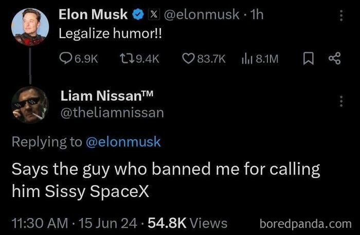 A screenshot of a tweet by Elon Musk saying 'Legalize humor!!' and a reply from Liam NissanTM highlighting UK Government fails.