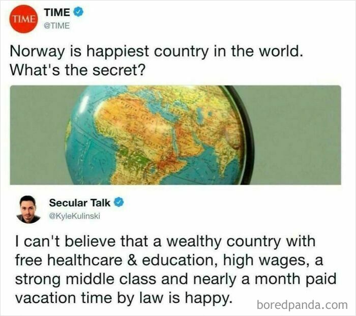 A tweet about Norway being the happiest country, implying UK government's ridiculous fails don't lead to happiness.