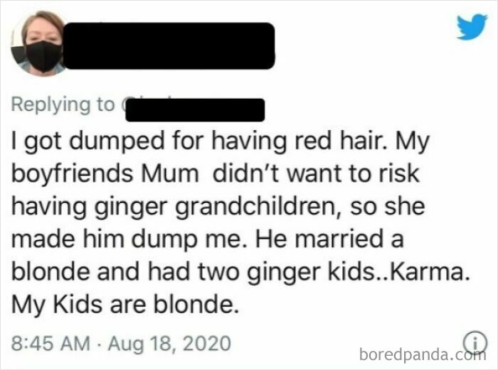 Screenshot of a tweet about a relationship fail due to red hair and ironic karma.